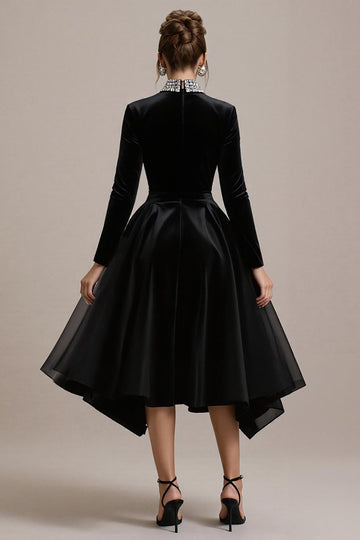 Black Velvet A Line Midi Cocktail Dress with Sleeves